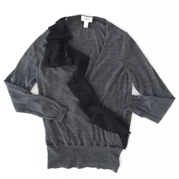 Ann Taylor Loft | Plunging Neckline Wool Sweater Women Large Ruffle Long Sleeves - Picture 6 of 7